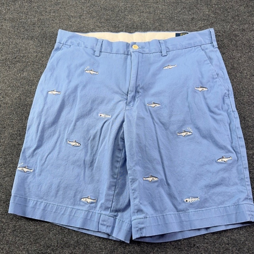 Polo Ralph Lauren Mens Blue Shark Embroidered Stretch Classic Fit Shorts Size 32